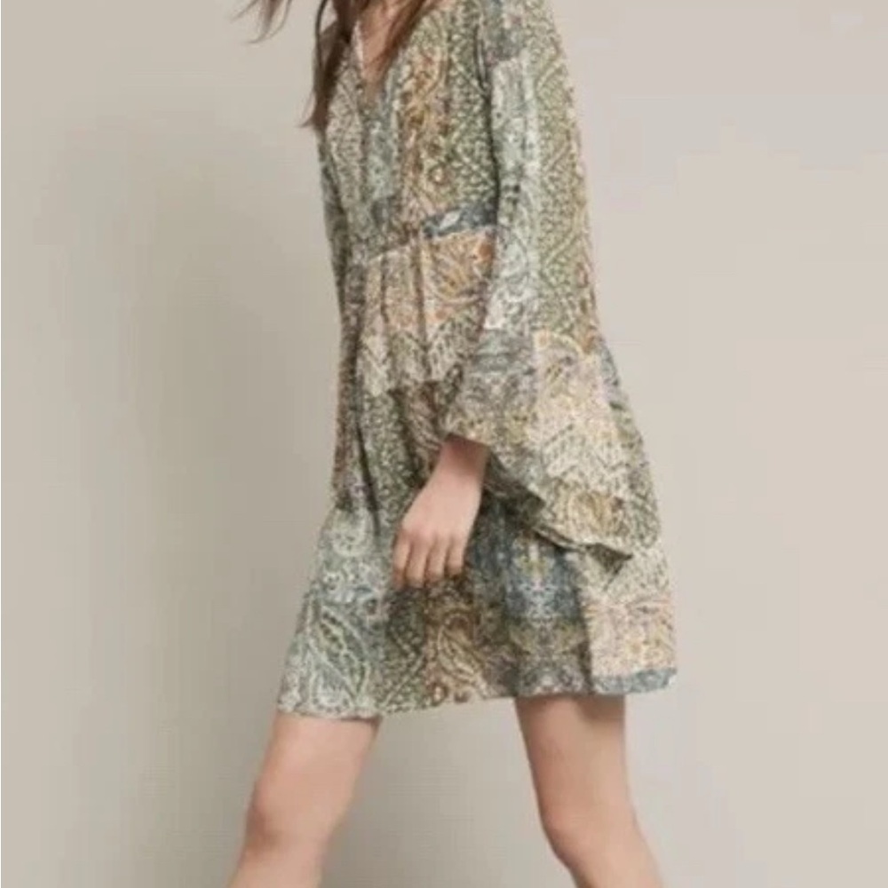 Anthropologie Green Long Sleeve Sundress Silk Kimono Dress NWT